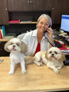 Smiling woman on phone with two Shih Tzu dogs on a desk