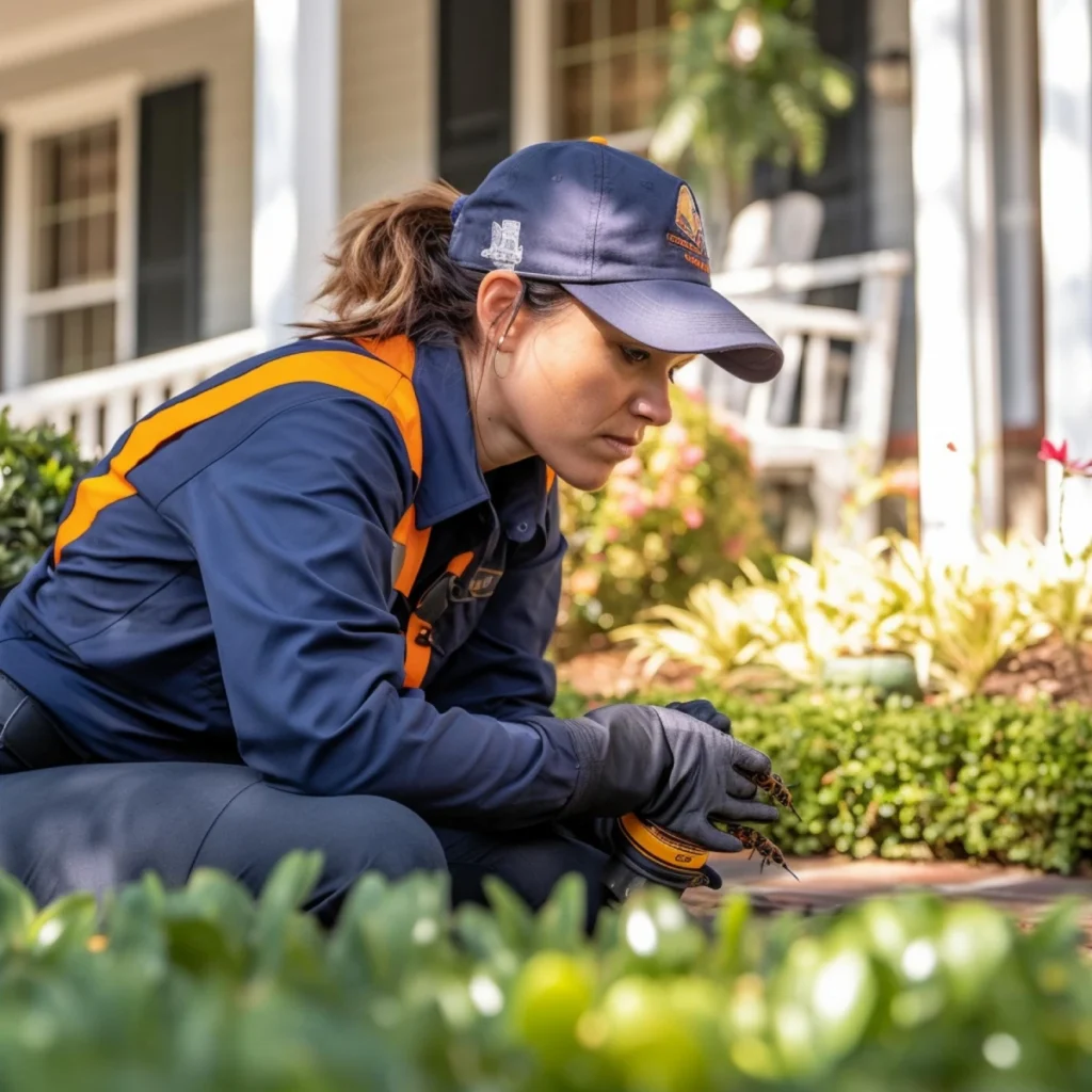 Worker inspecting plants in garden.