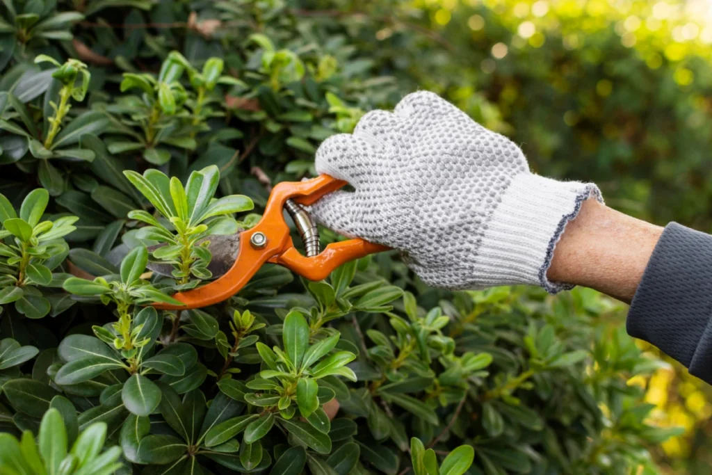 Pruning shrub with orange shears.