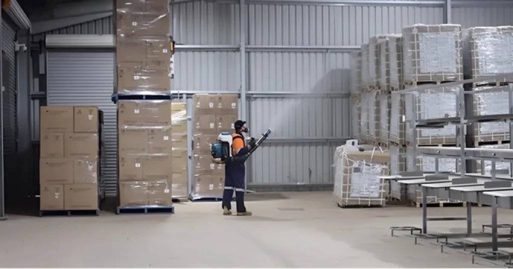 A warehouse worker wearing a safety suit and using a fogging device to spray an industrial space, with rows of boxes stacked on pallets.