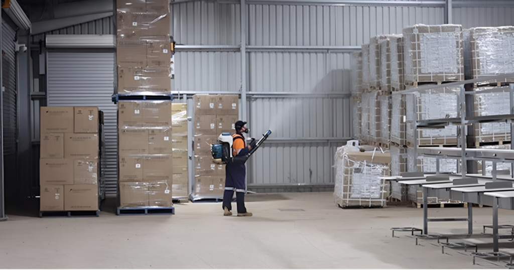 A warehouse worker wearing a safety suit and using a fogging device to spray an industrial space, with rows of boxes stacked on pallets.