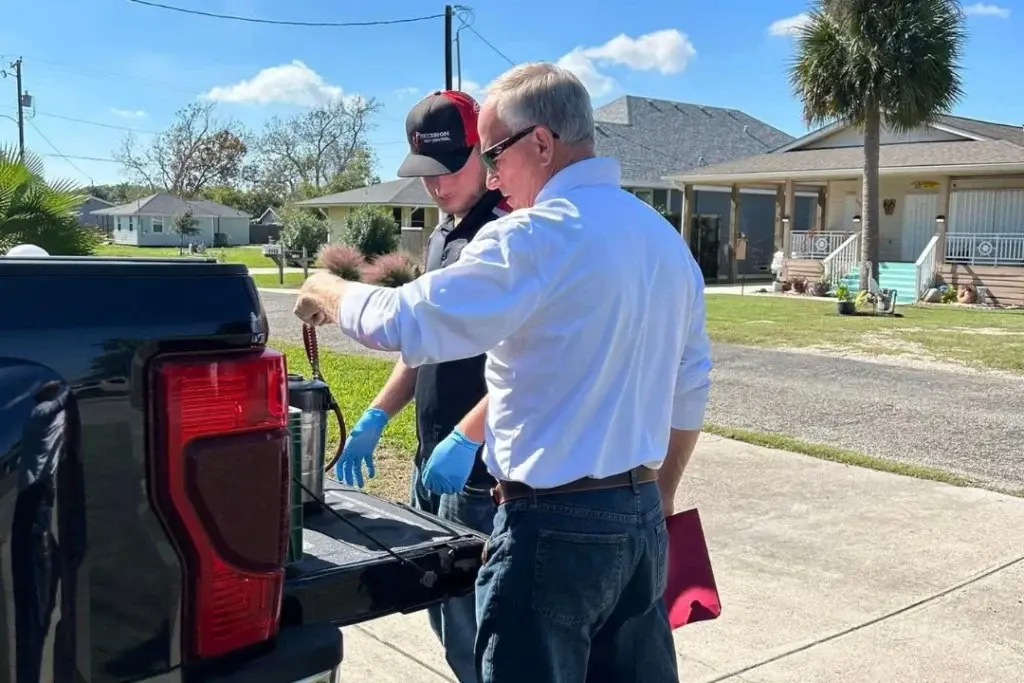 precision pest control technician answering a clients questions