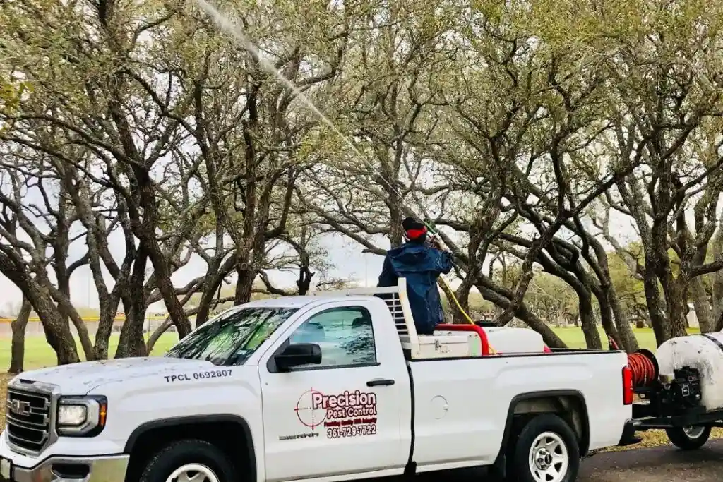 Worker spraying pesticide on trees from a white Precision Pest Control truck